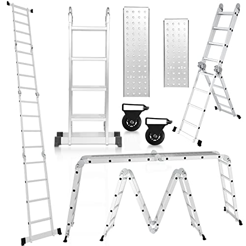 Cecaylie Escada multiusos de alumínio de 4 x 4 degraus, 470 cm, 7 em 1, com plataforma, escada com 2 placas de andaime, escada multiusos dobrável, 16 degraus, cor prateada