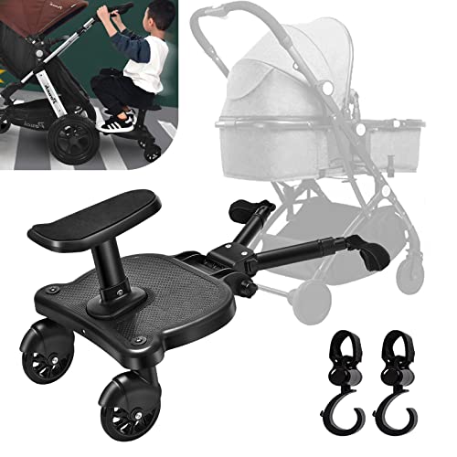 Vihir Mini Buggy Board com assento de carrinho para a segunda criança, pedal auxiliar conector removível assento, acessório para crianças de 2 a 6 anos (25 kg), vem com 2 ganchos para carrinho