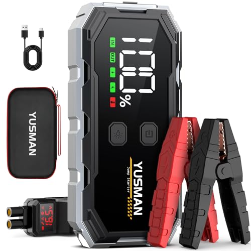 YUSMAN Iniciador de carros, 4000A iniciador de baterias de carro, 12 V iniciador de carro portátil com para 8 L gasolina ou 6 L diesel, lanterna LED de emergência, carregamento rápido, ecrã LCD