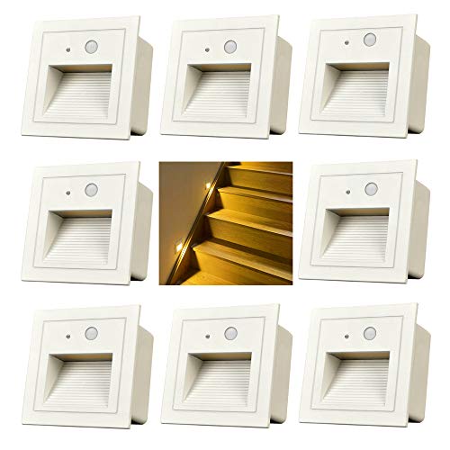 Luzes de escada LED de 3 W com iluminação embutida na parede luminária embutida luminária embutida no, alumínio, 230 V (8 unidades branco quente / with bodysensor, white cover) …