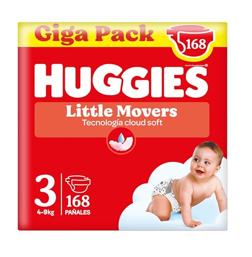 HUGGIES Little Movers Fraldas para bebé com desenhos Disney tamanho 3 (4-9 kg), conforto para a pele 24/7, 3 pacotes de 56, total de 168 fraldas