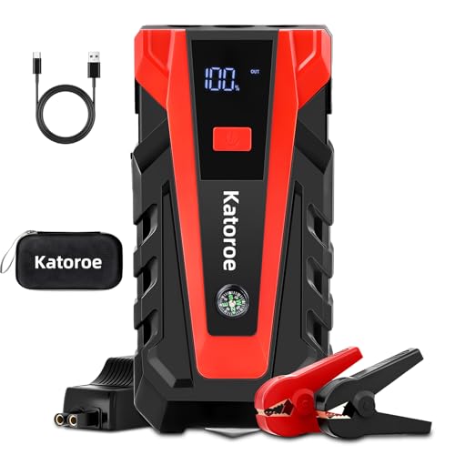 KATOROE Iniciador de carros 4000A, 12 V Arrancador de bateria de carro, Jump Starter com 2,5 polegadas ecrã LCD, clipes de segurança inteligentes, luz LED (Jump STARTER-011)