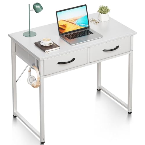 ODK Secretária com 2 gavetas, 80 x 40 x 78,7 cm pequena mesa com suporte para auriculares, mesa de PC para escritório, sala de estar e escritório em casa, branco