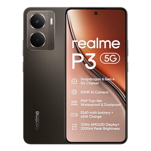 realme Smartphone P3 5G, 12 + 512 GB, bateria de 5260 mAh, carregamento de 45 W, chipset Snapdragon 6 Gen 4, câmara AI de 50 MP, ecrã Pro-Esports de 2000 nits120Hz, IP69, verde (sem adaptação). ador)