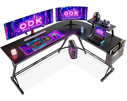 ODK Mesa de jogos, mesa de jogos com prateleira para monitor, mesa com saco de armazenamento, fibra de carbono preta, 167 x 120 cm
