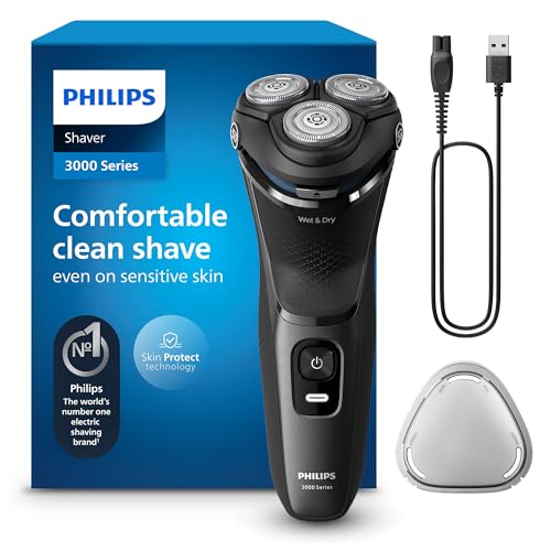 Philips Série 3000 Máquina de barbear elétrica para homem, máquina de barbear com cortinadores, 27 lâminas, cuidado da pele, 60 min de uso, seco e húmido, recarregável, S3145/00, lua