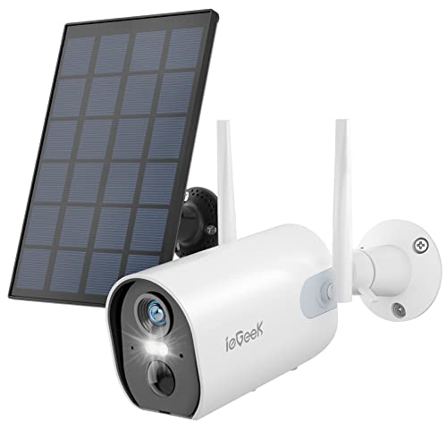 ieGeek 2K Câmara de vigilância WiFi exterior com bateria recarregável de 10400 mAh e painel solar, visão noturna cor, alarme sonoro e luminoso, deteção de movimento PIR, armazenamento SD/nuvem