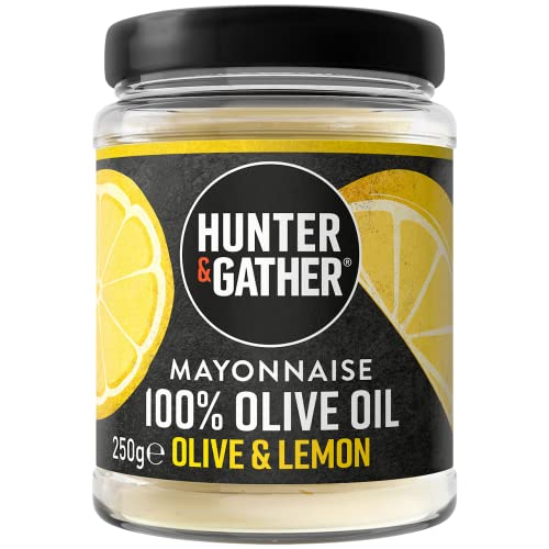Hunter & Gather Maionese de azeite com azeitona e limão, 250 g, feita com gema de ovo campeão britânico, maionese palo, ceto, livre de açúcar e glúten, livre de sabores artificiais