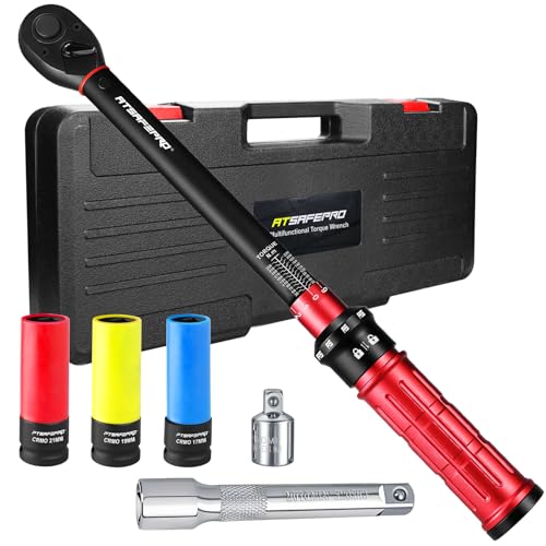 ATsafepro Chave dinamométrica 1/2', 20-230 Nm chave dinamométrica kit de 7 peças com 3 porcas (17 mm, 19 mm, 21 mm), adaptador de 1/2"-3/8", barra de extensão de 125 mm, precisão ± 3%