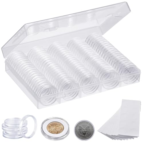 Cisolen 100 peças cápsulas de plástico para moedas estojo transparente cápsulas de moedas com selo de espuma e caixa organizadora para guardar artigos de coleção de moedas