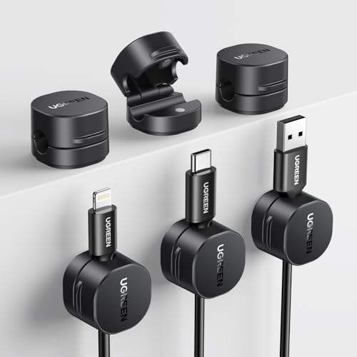UGREEN [6 peças] Clipe de cabo de mola com [rotação de 91°] magnético [360° rotação melhorada] organizador cabo autocolante sem resíduos para HDMI, USB, PC, TV, casa, escritório, (7,5 mm) - preto