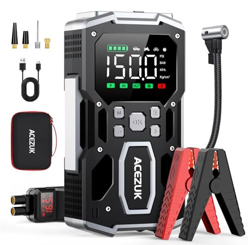 ACEZUK Arrancador de bateria de carro 6000A, compressor de ar 150 PSI, 26800 mAh arranque de carros para veículo (toda gasolina ou 10 l gasóleo), 12 V iniciador de bateria com 400 - umen LED