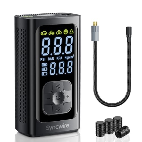 Syncwire Compressor de ar portátil - 10,35 bar máximo insuflador elétrico compressor ar insuflação mais rápido bomba de ar para carro, motas, bicicletas, bolas, com tampas de válvula de pneus, LCD
