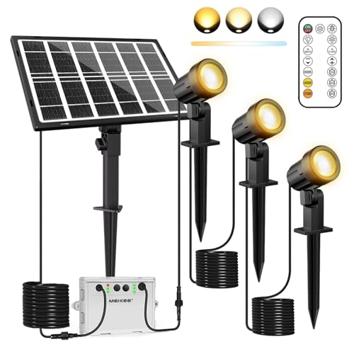 MEIKEE Luzes solares LED para exterior jardim 3 em 1 holofote solar de jardim controlo remoto 2500 K-6500 K regulável 3 modos 3 brilhos, 5000 mAh IP66 luz LED solar ao ar livre para pátio relva
