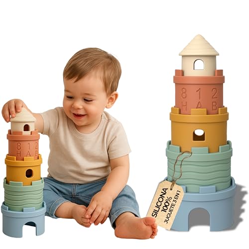 KSIBE Cubos empilháveis bebé silicone – brinquedo Montessori sensorial 3 em 1: Empilhador, mordedor e casa de banho a partir de 6 meses, presente bebé 1 ano