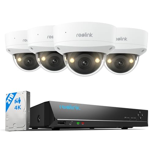 Reolink 4K Kit câmaras de vigilância PoE, antivandalismo IK10, deteção de pessoas/veículo/animal, NVR 8CH 2TB, visão noturna colorida, áudio bi-direcional, impermeável IP67, RLK8-800V4
