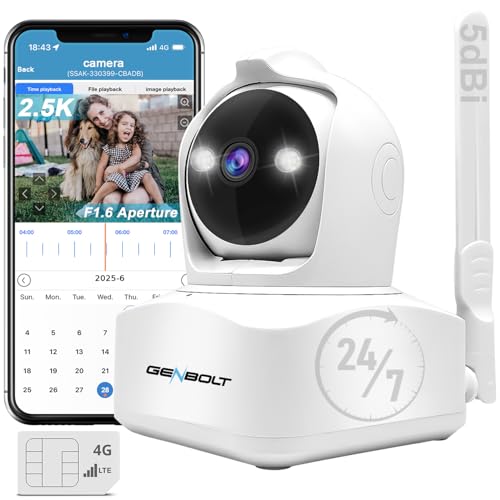 GENBOLT 3G/4G LTE Câmara de vigilância interior com cartão SIM, 2,5 K Foco de videovigilância sem Internet, CCTV câmaras celulares com detecção humana, Pan Tilt Auto Tracking Color Night View