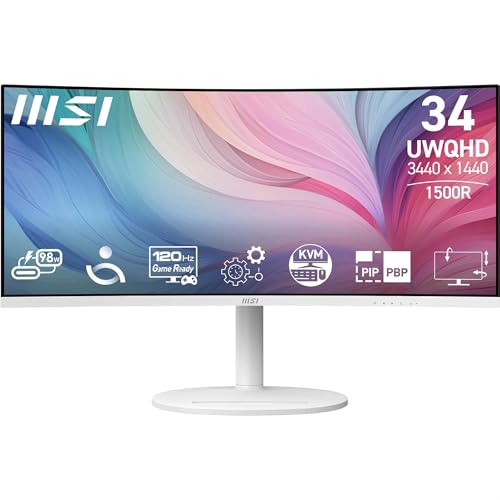 MSI Monitor curvo MD342CQPW UWQHD 1500R, painel VA 3440 x 1440, 21:9, KVM, Pip/PBP, 120 Hz, 300 nits, antirreflexo, altifalantes integrados, ajustáveis Em 3 direções , HDMI 2.0b