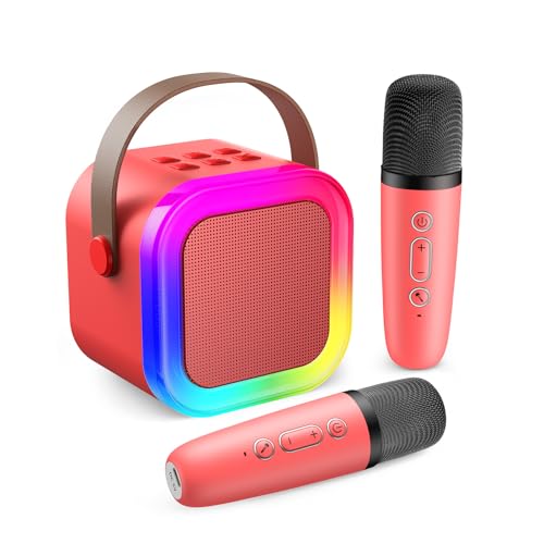 Fede Karaoke 2 microfones para crianças, mini karaoke infantil microfones sem fios altifalante Bluetooth portátil com efeitos de mudança de voz e luzes LED, melhores brinquedos presentes para meninas