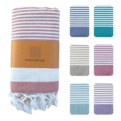 MOMOMUS Fouta XXL ou fina manta de piquenique para praia - leve, com franjas, às riscas - toalha / esteira de praia grande, manta de praia anti-areia - salmão, 210 x 240 cm