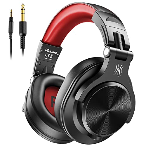Auriculares Oneódio sobre a orelha, auriculares DJ com cabo, auriculares HiFi de estúdio com porta compartilhada para monitor de gravação AMP de guitarra de piano e-drum (vermelho2)