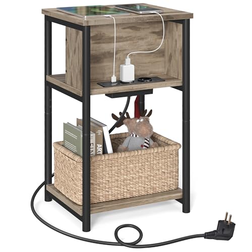VASAGLE Mesa auxiliar com tomada, mesa de cabeceira com 2 entradas CA e 2 portas USB, 30 x 34 x 58 cm, para sala de estar, quarto, castanho e preto LET375K01