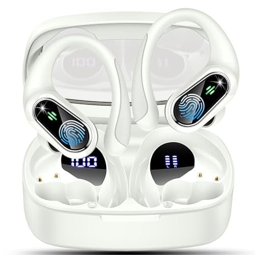 Auriculares sem fios desportivos, auriculares Bluetooth 5.3 com 4 HD Mic e cancelamento de ruído ENC, 50H capacetes sem fios Bluetooth HiFi estéreo para desportos, ecrã LED, IP7 impermeável, branco