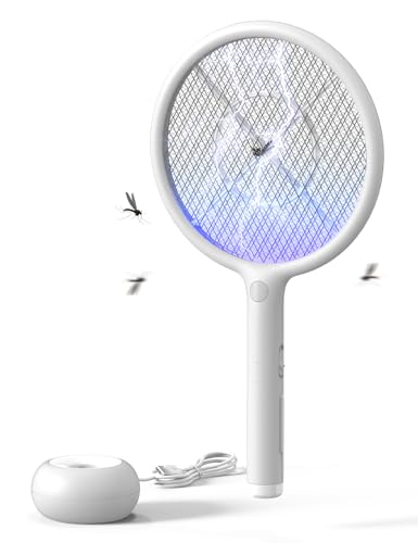 AROEVE Raquete mosquitos elétrico, 2 em 1 raquete mosquiteira elétrica, 4000 V, base de carregamento USB, bateria recarregável de 1200 mAh, modo de atração automática, luz LED, proteção de 3 camadas