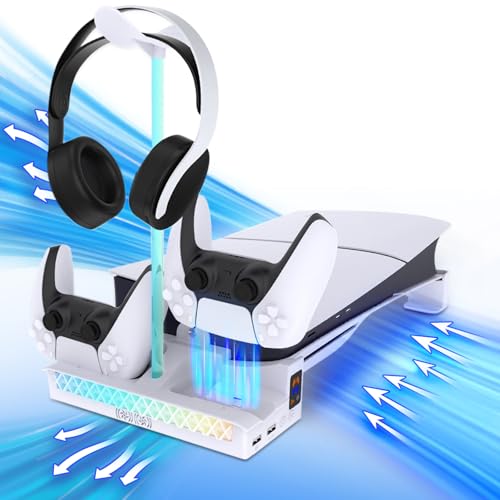 Sehawei Suporte para PS5 Slim com ventilador de 2 velocidades, carregador para comando PS5 com luz LED, suporte PS5 horizontal com 2 portas USB e Holder Headphone para PS5 Slim consola