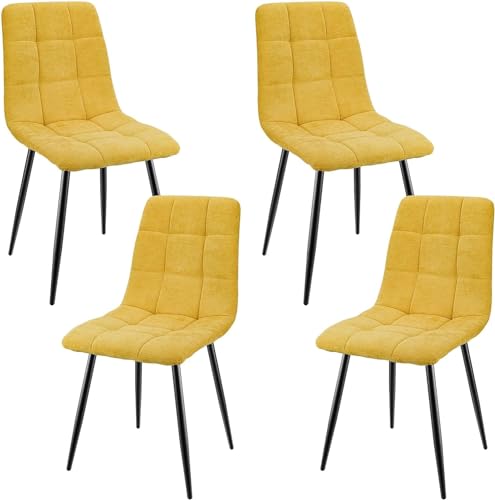 JIJIAN Conjunto de 4 cadeiras de sala de jantar, cadeiras estofada com tecido de linho e pernas de metal preto, design quadriculado, cadeiras de sala de jantar para sala de jantar sala de estar quarto