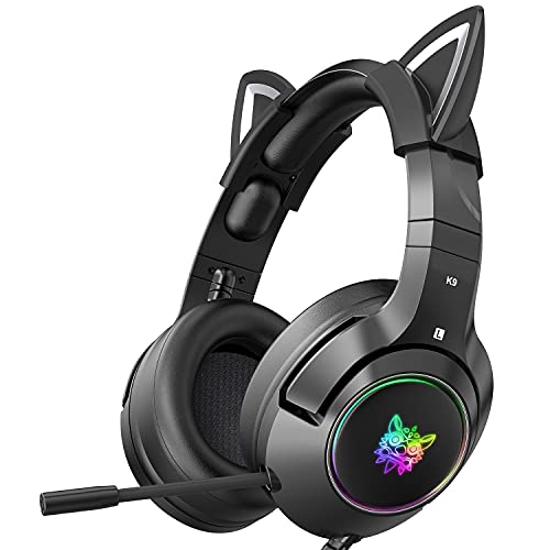 PHNIXGAM Auriculares para jogos para PS4, PS5, Xbox One X/S (sem adaptador), auriculares de 3,5 mm com orelhas de gato removíveis, microfone que reduz o ruído, RGB, som envolvente para PC,