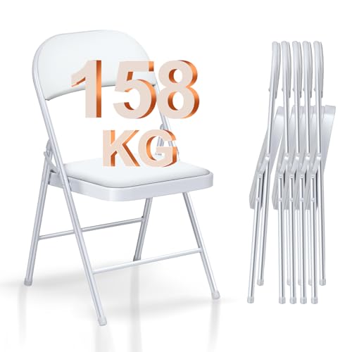 BULAGE Conjunto de 6 cadeiras dobráveis de metal para varanda, cadeiras de jardim, cadeiras dobráveis confortáveis para casamentos, convidados, cozinha, campismo, cor branca, até 150 kg