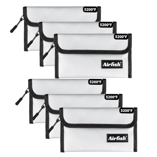 Airfish 6 peças bolsas de dinheiro ignífugo, carteira ignífuga de 12,7 x 20 cm, bolsa de dinheiro impermeável com fecho de correr, pequena bolsa de dinheiro ignífuga para objetos de valor - prateado
