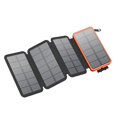 FEELLE Carregador solar Power Bank 25000 mAh, bateria externa com saída dupla USB de 3,0 A e 4 painéis solares dobráveis carregador portátil para smartphone, tablet e muito mais, (laranja)