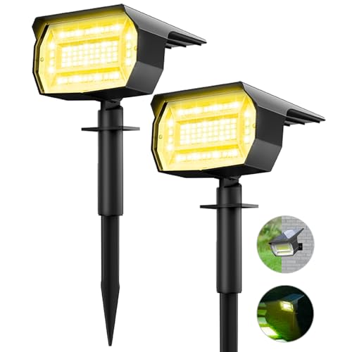LOTMOS Luzes solares LED exterior jardim [2 pacotes/72 LED] holofotes LED exteriores solares, impermeável IP65 luz solar potente holofote solar jardim exterior chão (branco quente)