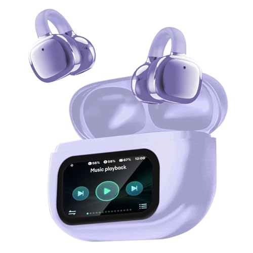 Auriculares sem fios Bluetooth 5.4, auriculares desportivos abertos com clipe, tradução de idiomas, reprodução 50H com cancelamento de ruído ENC, ecrã tátil auriculares de ouvido aberto (roxo)