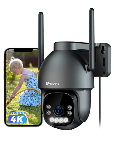 Ctronics Câmara de vigilância exterior 4K para exteriores WiFi, câmara PTZ com visão noturna a cores de 8 MP, WiFi 2,4/5 GHz, deteção de pessoas/veículos/animais, NVR, áudio bidirecional, IP66