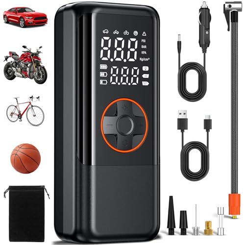 BOOTEEK Compressor ar portátil, 7800 mAh insuflador rodas carro recarregável, mini compressor de ar, 150 PSI 12 V DC insuflador rodas carro com luz LED, insuflador elétrico para carros bicicletas