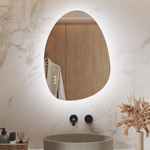 S'AFIELINA Espelho de casa de banho com luzes LED de 60 x 45 cm, espelho de casa de banho LED assimétrico com interruptor tátil inteligente, luz regulável de 3 cores, anti-embaciamento, função de