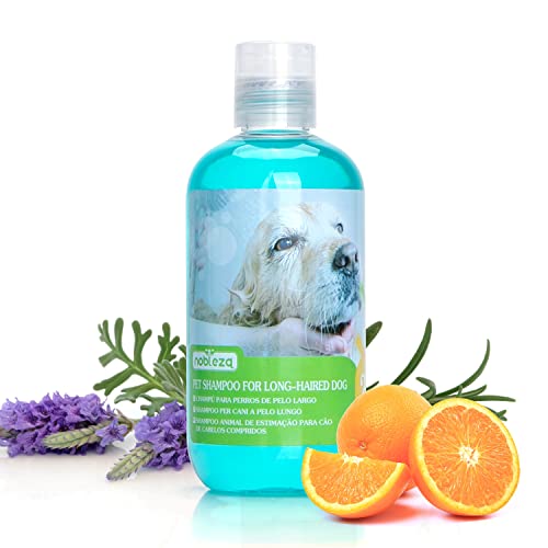 Nobleza Shampoo para cães pelo comprido, champô cães pele sensível e dermatite, champô para cães anti-odores com extrato de folha de camellia Sinernsis, fragrância de lavanda e citrinos 250 ml