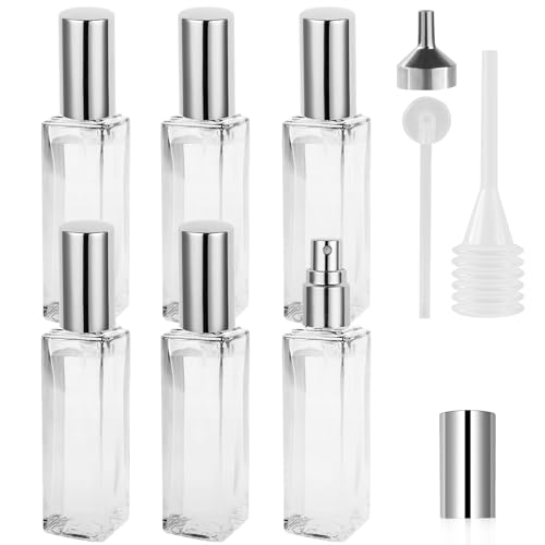 LOPHE Atomizador de perfume de vidro, 6 x 20 ml, garrafa de perfume recarregável, portátil frasco pequeno para perfume, pulverizador, perfume transparente para viagens, encontros, cor transparente