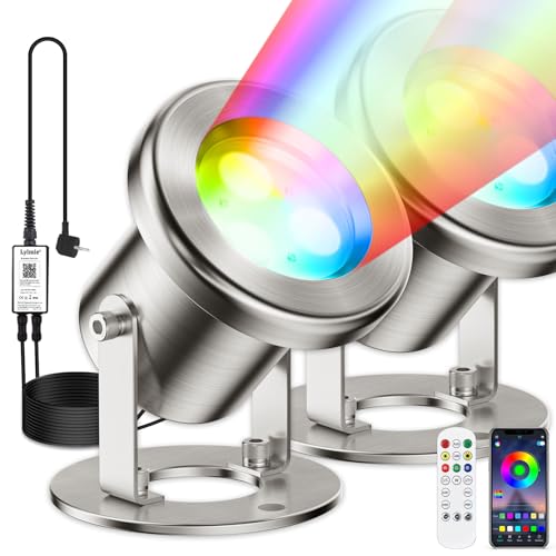 LyLmLe Luzes LED para lago com controlo APP, 6 W RGB Foco LED submersível iluminação inoxidável com transformador de 12 V, lâmpada para tanque impermeável IP68 para fonte Set 2, cabo preto