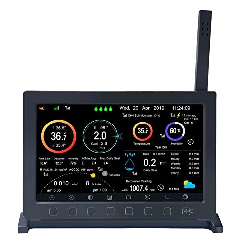 ECOWITT HP2560 Consola para estações meteorológicas, ecrã interior TFT a cores de 7 polegadas com botão de toque, acessório, sensores 3 em 1 incorporados, compatível com exteriores WS90/WS85/WS69