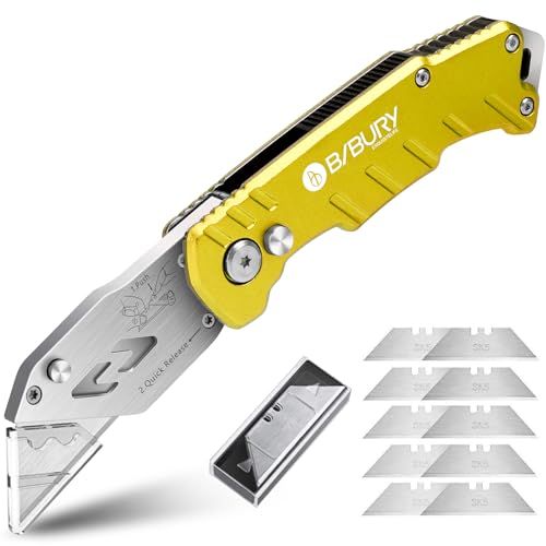 BIBURY Facas utilitárias, faca dobrável portátil, versão atualizada cortador profissional, com 10 lâminas de aço inoxidável SK5, clipe para cinto, bloqueio de segurança cortador