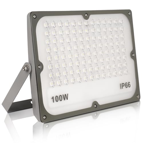 JBdusn Foco projetor LED de 100 W, super brilhante branco frio luz de segurança LED IP66 impermeável potente luzes LED Floodlight exterior, holofotes LED exterior para casa, garagem, pátio, terraço,