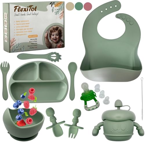 FlexiTot | Conjunto de louça de silicone para bebé BLW Completo com pratos e talheres, louça de aprendizagem para bebé, prato com compartimentos, + 6 meses | Chupeta fruta | verde