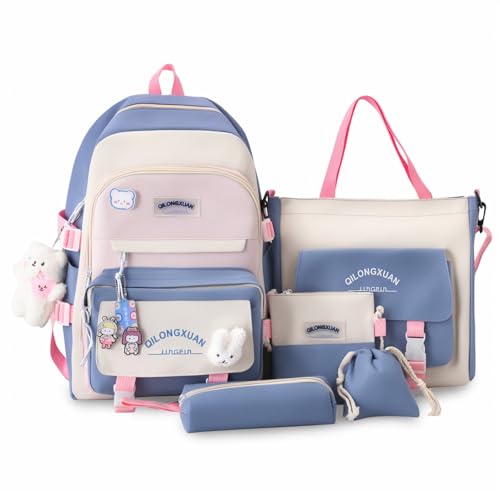 IvyH Mochilas escolares 5 peças para meninas dos 8 aos 16 anos, conjunto de mochila escola adolescentes com saco de compras e estojo para lápis, mochila de viagem 45 cm, 8583# azul, Mochila mochilas