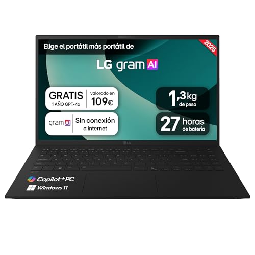 LG gram 15Z80T-G.AS55B Computador portátil de 15", Windows 11, AMD Ryzen AI 5, 16 GB RAM, 512 GB SSD, AMD Radeon Graphics 840M, ecrã IPS (1920x1080), leve, 1,290 g, 27 horas As, AI, N Preto