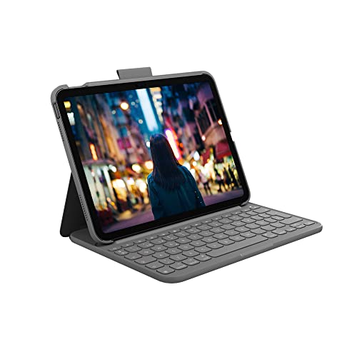 Logitech Slim Folio, capa com teclado para iPad (10.ª geração e A16) com teclado sem fios Bluetooth integrado, disposição QWERTY espanhol - cinzento