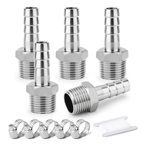ERGAOBOY 5 peças aço inoxidável 304 16 mm OD Barb a 3/4" BSP barb de mangueira macho, acessórios de compressão de água, industrial